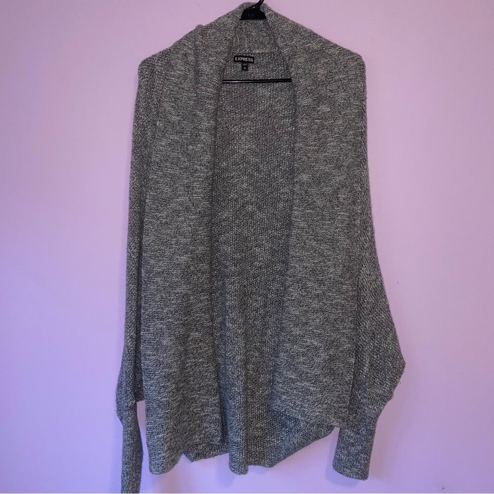 Express S Wool Blend Gray Sweater Cardigan Metallic Open Front